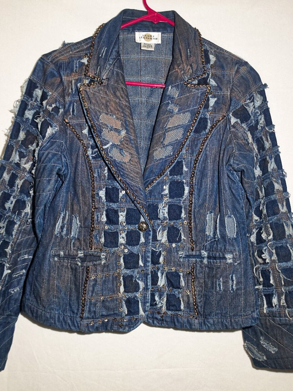 Sandy Starkman Embroidered Funky Jacket Medium Rustic Vintage Frayed Embezzled
